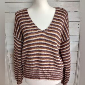 Major Label Group Medium Knit Sweater Striped Cropped Bishop Sleeve Boho Fall